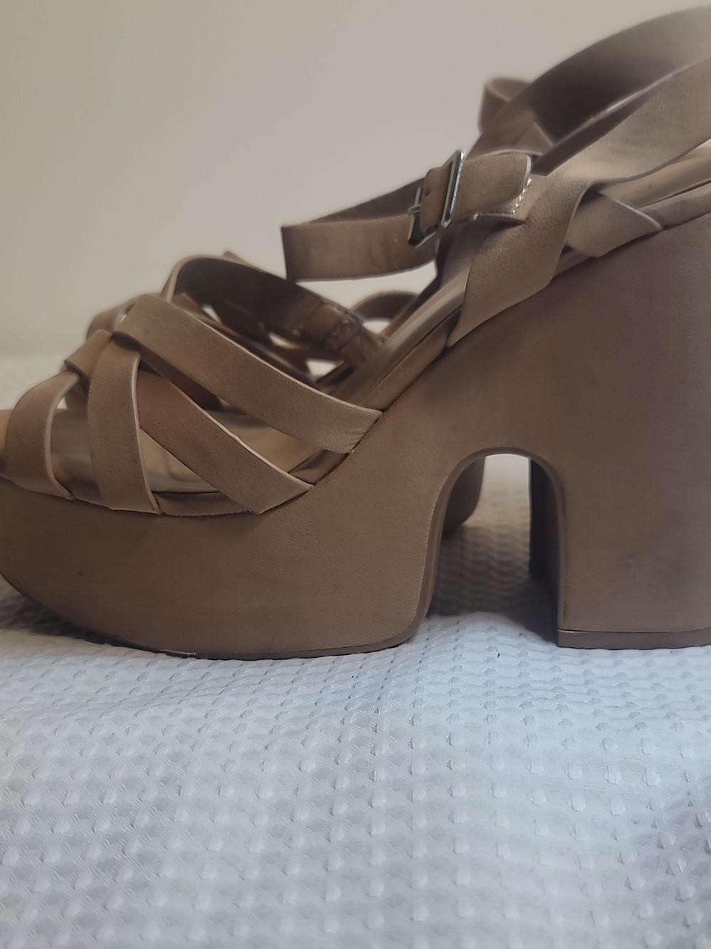 BAMBOO Tan Strappy Slingback Wedge Sandals - Picture 4 of 4